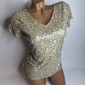 GIANNA PARIS Gold Silver Sequin V-Neck Stretchy Top M Y2K Glam Party Disco Rave